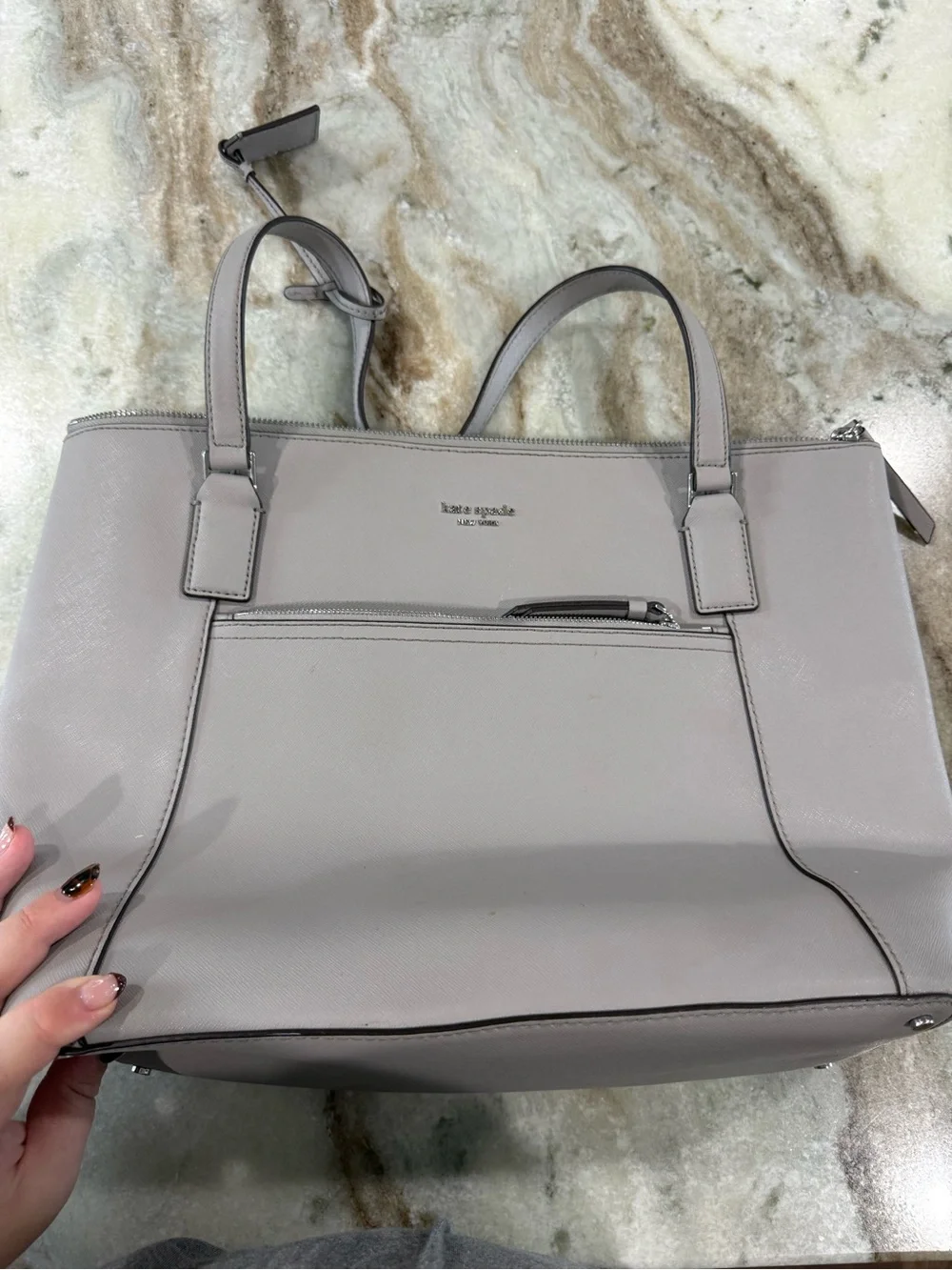 kate spade Light Gray Leather Tote with Front Zip Pocket